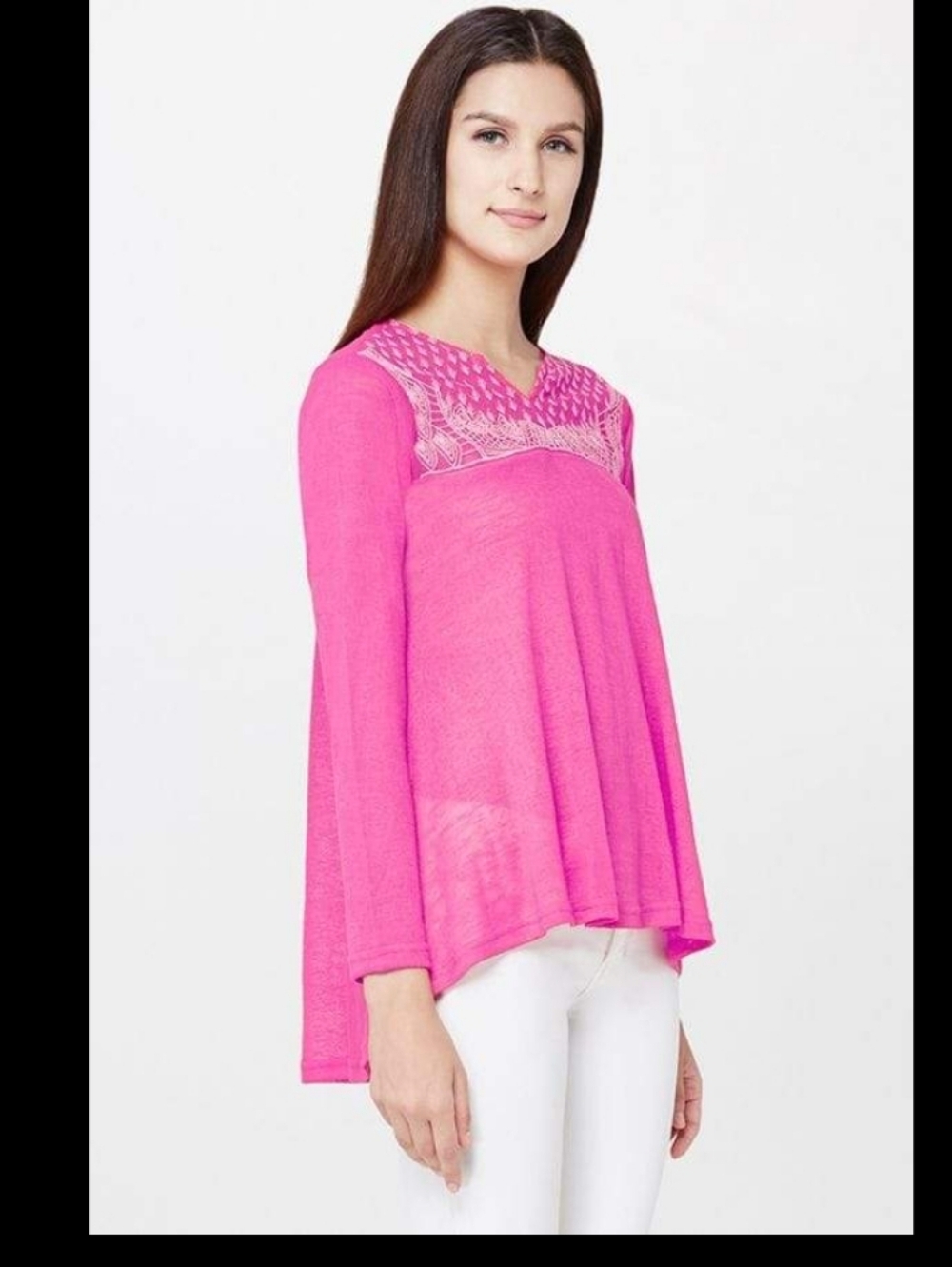 ANDindia sz 10 High-low Hemline Embroidered Pink Sheer Summer Blouse Boho Hippie